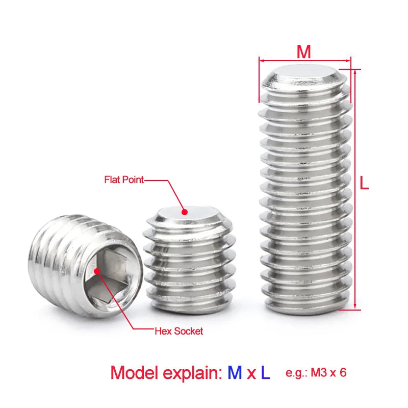 Xpcs/lot M2 M2.5 M3 M4 M5 Hexagon Socket Set Screws with Flat Point 304 Stainless Steel Headless Grub Screw Flat End DIN913