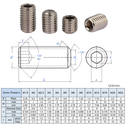 Xpcs/lot M3 M4 M5 M6 M8 M10 Hexagon Socket Set Screws with Cup Point 304 Stainless Steel Headless Grub Screw Concave End DIN916