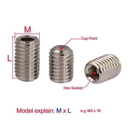 Xpcs/lot M3 M4 M5 M6 M8 M10 Hexagon Socket Set Screws with Cup Point 304 Stainless Steel Headless Grub Screw Concave End DIN916