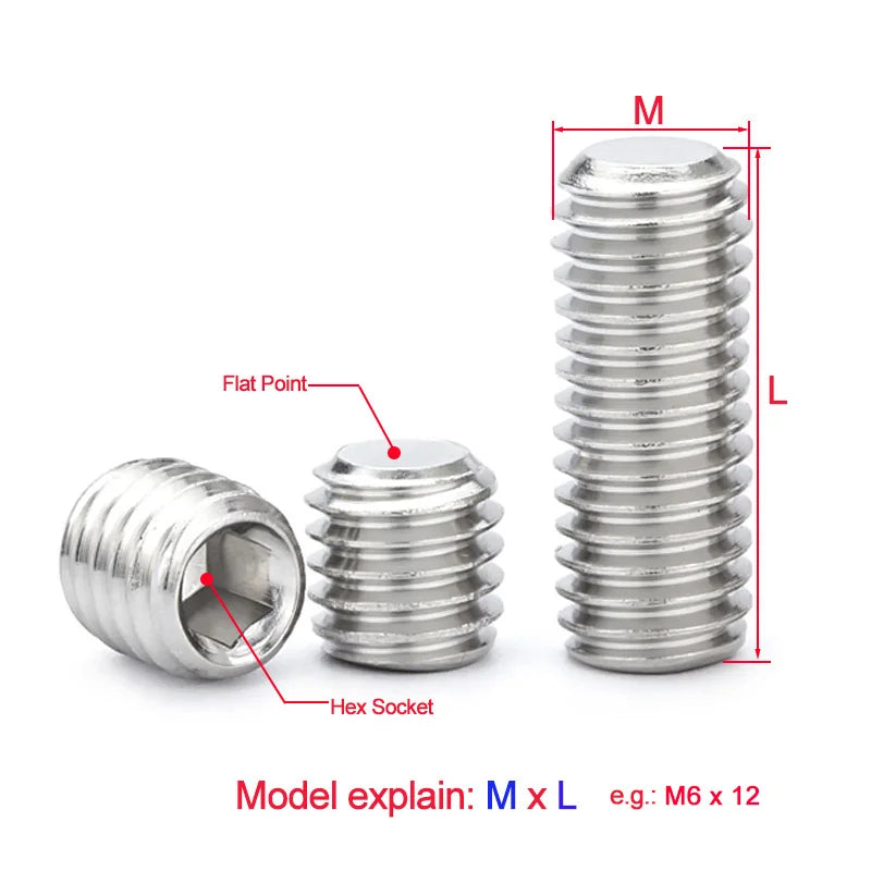 Xpcs/lot M6 M8 M10 M12 Hexagon Socket Set Screws with Flat Point 304 Stainless Steel Headless Fixed Grub Screw Flat End DIN913